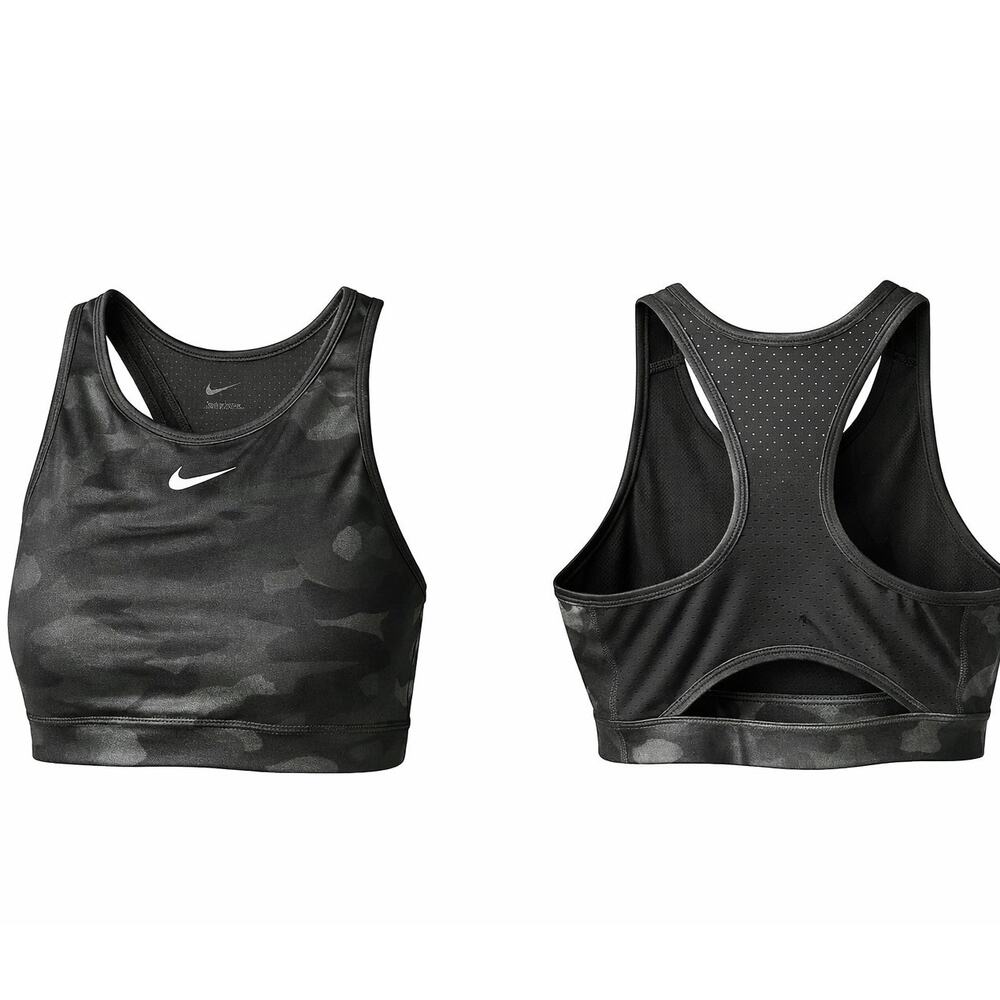 Nike Dri-FIT Swoosh High Neck Sports Bra black gray camo Mesh Back Cutout M NWOT